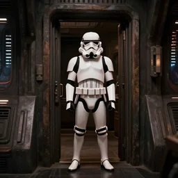 A stormtrooper guarding the door of a cantina in Mos Eisley, octane, hd, 8k, rich deep moody colors
