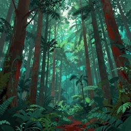 beautiful forest in a humid subtropical climate, green teal and red color scheme, award winning concept art, trending on artstation