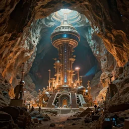 discovery of a highly mechnically advanced civilization in a digital cave with minimal lighting in the style of thomas cole, cinematic lighting, raytracing, 8 k, octane render, volumetric, vivid, beautiful, hyperrealism