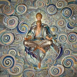 a prince meditating and floating in the air, swirly clouds in the background, art by James Jean and Wayne Barlowe and moebius, high details ,   cinematic, cgsociety 8k