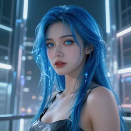 A beautiful sexy female with blue hair and glowing eyes wanders, closeup shot, hyperrealistic, cyber universe, glass buildings, volumetric lightning, reflections, octane render 8K