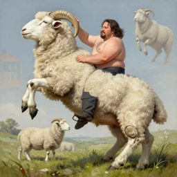morbidly obese keanu reeves climbing up onto a texel sheep, elegant intricate digital painting artstation concept art by mark brooks and brad kunkle detailed