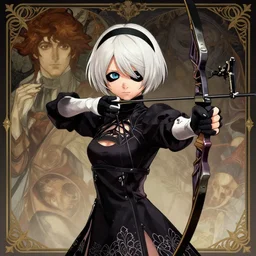 an adorable archer from nier automata by krenz cushart, artgerm, alphonse mucha, akihiko yoshida