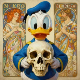 a beautiful painting of a donald duck skull by simon stalenhag and pascal blanche and alphonse mucha! and nekro!. in style of digital art. colorful comic, film noirs!, symmetry, hyper detailed. octane render. trending on artstation h 8 9 6