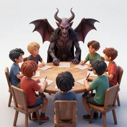 a group of kids sitting around a table playing d & d with satan, an ultrafine detailed painting by john philip falter, shutterstock, american scene painting, movie still, concert poster, poster art