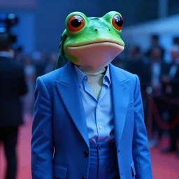 the most beautiful cybercore frog drinker, casual elegant suit, blue low - light photography, angelic detail, subsurface scattering, scene from cannes award winning movie