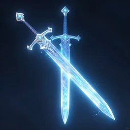 Fantasy art. Magical shining glowing ethereal sword laying horizontally. Display demo.
