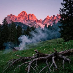 1 9 2 0 s color spirit photography 9 1 1 1 2 1 of alpine red sunrise in the dolomites, green lush root forest, smoke from mountains, roots, by william hope, beautiful, dreamy, grainy