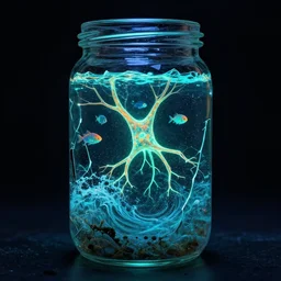 bioluminescent neurons floating jar of broken glass with a dramatic turbulent ocean, fish robots swimming in the ocean, concept artists, backlit, dark background, intricate, indie studio, realistic, rim lighting, flourecent colors, emotional, sketch, realistic, whimsical, noise, stippling