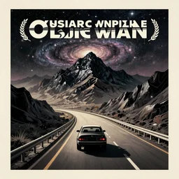 a poster of car driving down a highway, obsidian mountains in the background with a galaxy in the sky, retrofuturistic vintage illustration