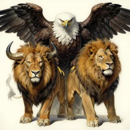 a mighty strong creature with the body and eyes of a man, with the beak of an eagle, the mane of a lion, and the horns of an ox. drawn by boris valejo