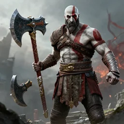 kratos with leviathan axe, god of war 2 0 1 8, cinematic render, santa monica studios official media