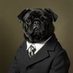 a portrait of black pugalier dog wearing suit and tie, by vermeer,