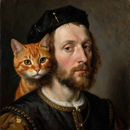 portrait of king man with an orange cats head, oil painting by jan van eyck, northern renaissance art, oil on canvas, wet - on - wet technique, realistic, expressive emotions, intricate textures, illusionistic detail - n 9 - i