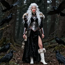 portrait of a warrior, amazon, slav, refined features, red lips, long snow - white hair, standing in a dark forest, crows, black closed velvet dress, leather armor, iron armor, white boots, fur, clothes alexander mcqueen very beautiful style, photorealism, bouguereau, edgard maxence