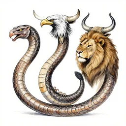 zmei gorynich with four heads. one human head, second eagle head, third lion head, fourth ox head. drawn
