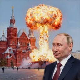 vladimir putin, painting a painting of happy little hydrogen nuclear explosion in moscow red square, intricate, highly detailed, smooth, artstation,