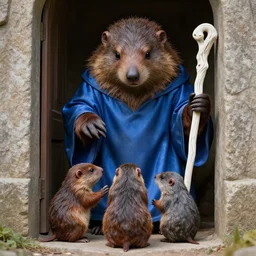 An impressive mole with paws carved from stone and a healthy coat of fur is looking down upon three smaller moles huddled together in an open doorway. The large mole wears robes made of blue silk, and has a staff of white wood in his paws. The three small moles are clad in simple browns and grays. One of them holds out her paw to the large mole.
