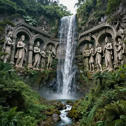 carved into a Mountain a temple above a waterfall, giant intricate statues of people, arches, pillars, archways,  trees, lush vegetation, forrest,  a small stream runs beneath a waterfall, landscape, raphael lacoste, eddie mendoza, alex ross, concept art, matte painting, highly detailed, rule of thirds, dynamic lighting, cinematic, detailed, denoised, centerd