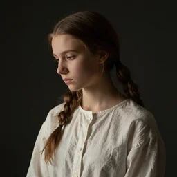 portrait of a russian girl, medium closeup, pigtails, cinematic light, dark background, sideview, looking down, wrinkled cotton shirt, by serge marshennikov, jeremy lipking, artgerm, alphonse mucha