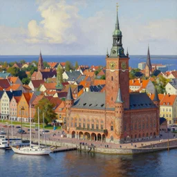 stunning landscape of baltic town with renaissance architecture, marina, town hall with one clock tower, intricate details, digital art by rob gonsalves, oil on canvas by ivan shishkin