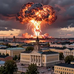 highly quality renaissance era illustration of Helsinki city skyline at dusk with a bright nuclear explosion in the horizon
