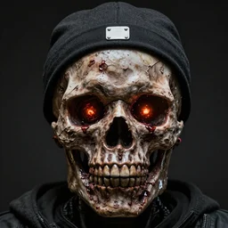 a dlsr photo of a putrid rotting corpse face that resembles Eddie the Head including one glowing embers in eye sockets and the metal tab in the middle of the forehead that holds his skull cap in place, in hyper realistic detail