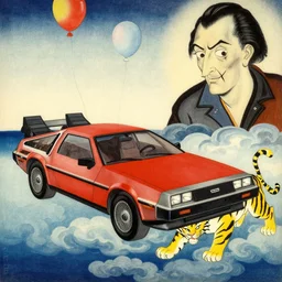 a red delorean and a yellow tiger, painting by hsiao - ron cheng, utagawa kunisada & salvador dali, magazine collage style, clouds, ocean, balloons
