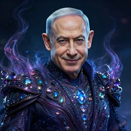 benjamin netanyahu as an otherworldly iridescent alien overlord, smiling, embedded with gemstones, flowing with dark energy, highly detailed, trending on artstation, benjamin netanyahu face, by wayne barlowe, and tim hildebrandt and bruce pennington and beksinski