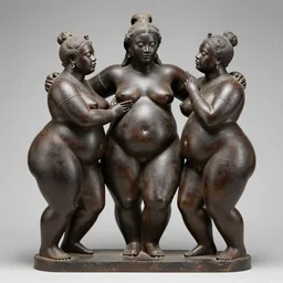 sculpture of 3 beautiful sensual fat black gods touching together, museum artifact