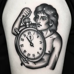 traditional american tattoo art of a man dripping from a stopwatch by peter mohrbacher, fine detail, black and white