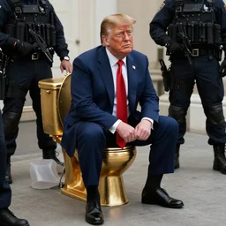 donald trump sitting on a golden toilet being arrested by a swat team