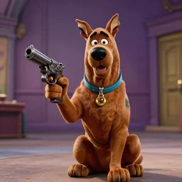 shaggy from scooby doo holding a gun, film still from the movie directed by denis villeneuve with art direction by bill ward, wide lens