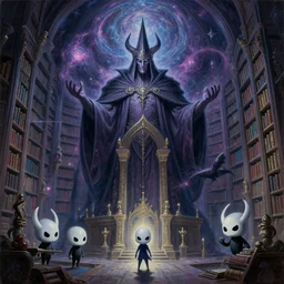 a beautiful painting of a large warlock shrine shrouded by mystic nebula magic in an endless temple library by moebius and android jones, hollow knight, castlevainia, metroid, oil on canvas sharp, details, hyper - detailed, hd, hdr, 4 k, 8 k
