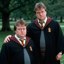 sharp, highly detailed, film still from a 2 0 0 2 drama 8 k movie, two chubby middle - aged wizards appear in a park in 2 0 0 2, a short male wizard and a tall male wizard, wearing robes and neckties, atmospheric lighting, in focus, reflective eyes, 3 5 mm macro lens, live action, nice composition