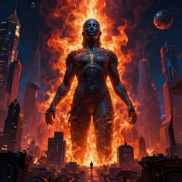 massive large human figure in center of psychdelic city blaze of glory dreamworld in the underworld, surrealist and abstract digital art trending on artstation by artist Rob Gonsalves and Mark Riddick supreme peace immense knowledge black red orange navy gold dmt art