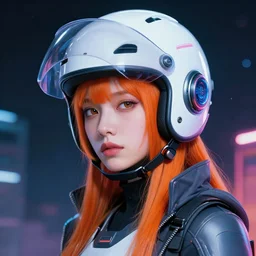 a woman with orange hair and a white helmet, cyberpunk art by james jean, featured on cgsociety, retrofuturism, futuristic, dystopian art, ilya kuvshinov