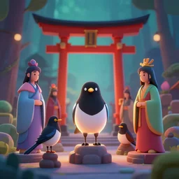 shrine for magpie gods. award - winning 3 d cartoon by an indie studio, heavily stylized, rimlighting, depth of field, limited but vibrant palette, impressionism, chiaroscuro, bokeh.