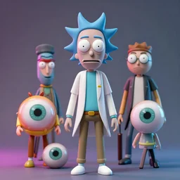 hyperrealistic rendering, rick sanchez by art of skinner and richard corben and jeff easley, eyeballs, eyeballs, product photography, action figure, sofubi, studio lighting, colored gels