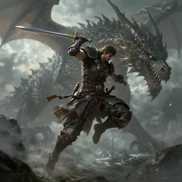 dark souls type warrior, battle worn outfit, jumping towards a giant dragon with his sword drawn, digital painting, atmospheric background, trending, high quality