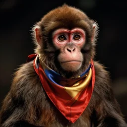 Monkey wearing a silk scarf, dramatic lighting, still from a 90s movie
