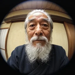 Fisheye selfie of an old japanese man with long beard