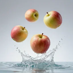 apples falling, water splashing, studio lighting, advertising photo, high speed photography