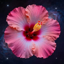 a closeup photorealistic photograph of a hibiscus flower floating in a galaxy. film still, vibrant colors. this 4 k hd image is trending on artstation, featured on behance, well - rendered, extra crisp, features intricate detail, epic composition and the style of unreal engine.