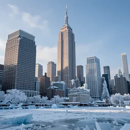 Realistic photograph of New York City with all the buildings frozen in ice.