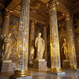 inside the temple of mirros, roman sculptures, fresco, shiny crystalline columns reflecting gold ambient, by Christophe Vacher and Bastien Lecouffe-Deharme