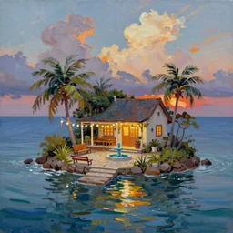in a sea is a tiny island surrounded by water with a cute cozy cottage with a terrace, a paved courtyard with benches a fountain and string lights, palm trees, sunset, puffy clouds, dramatic and dynamic lighting, thick brush strokes oil impasto painting
