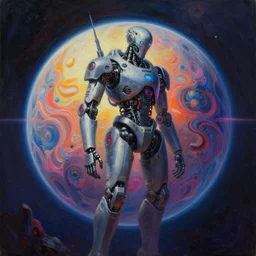 a oil painting of Cyberpunk robot in eternal planet from No man’s sky by Simon Stålenhag, in style of fractal landscape by H.R. Giger,neonpunk, Sci-Fi, 8k, ultra detail, volumetric lighting, unreal engine, octane render, ultra realistic, max quality, epic 35 mm lens shot, photorealism