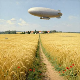 immense wheat fields, a path, a small village, poppies, summer sky, carl spitzweg, large dieselpunk flying airships, matte painting, by rozalski and peter ilsted, artstation
