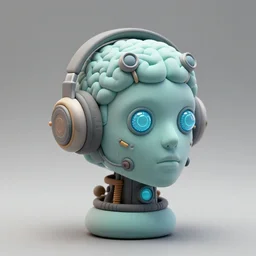 a claymodel of an opalescent steampunk spaced out futuristic robot head wearing trippy brain sensors and headphones, 8 k, front shot, symetrical, flourescent colors, halluzinogenic, multicolored, insanely detailed, front shot, 3 d render, octane